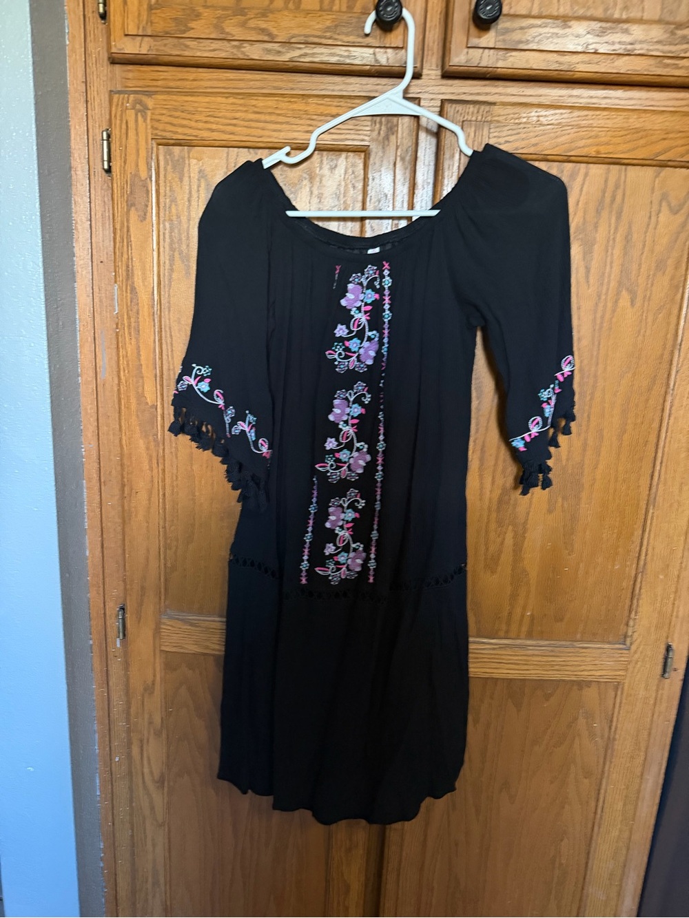 Xhilaration Black Midi Dress with Pink & Purple Floral Embroidery